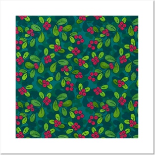 Cranberry Fruit Pattern on Dark Teal Posters and Art